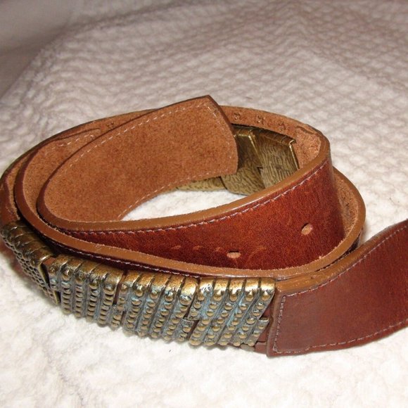 Leatherock Embellished Gold Patina Hardware Brown Leather Belt Size 34